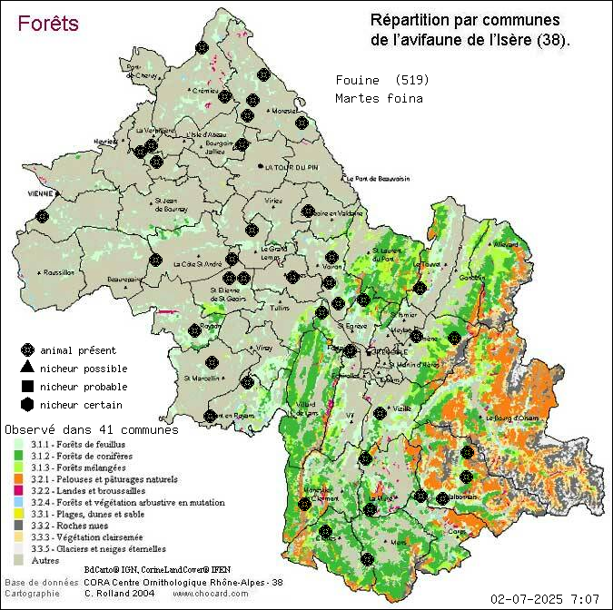 Carte de rpartition par communes en Isre d'une espce d'animal: Fouine (Martes foina) selon Forts