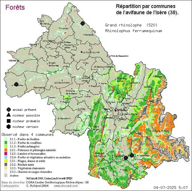 Carte de rpartition par communes en Isre d'une espce d'animal: Grand rhinolophe (Rhinolophus ferrumequinum) selon Forts