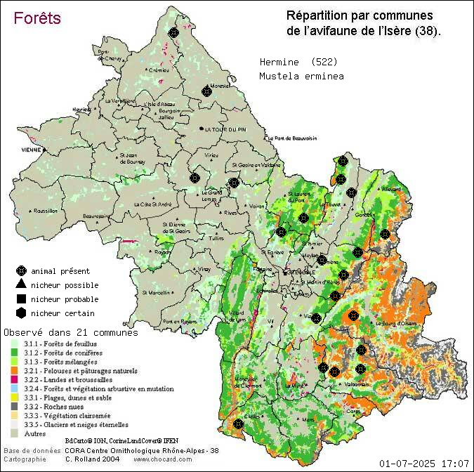 Hermine (Mustela erminea): carte de rpartition en Isre