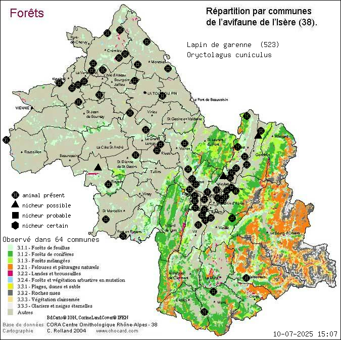 Carte de rpartition par communes en Isre d'une espce d'animal: Lapin de garenne (Oryctolagus cuniculus) selon Forts