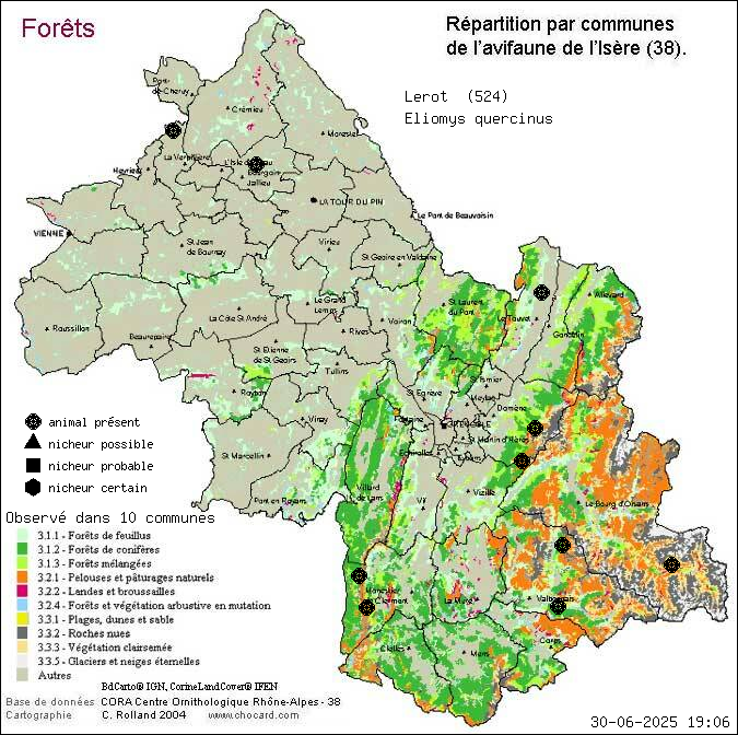 Carte de rpartition par communes en Isre d'une espce d'animal: Lrot (Eliomys quercinus) selon Forts