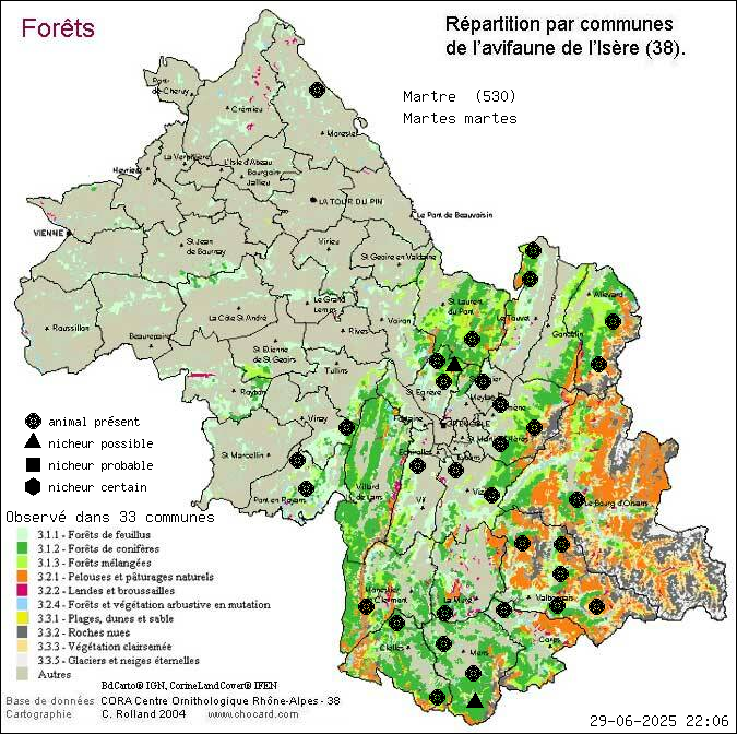 Carte de rpartition par communes en Isre d'une espce d'animal: Martre (Martes martes) selon Forts
