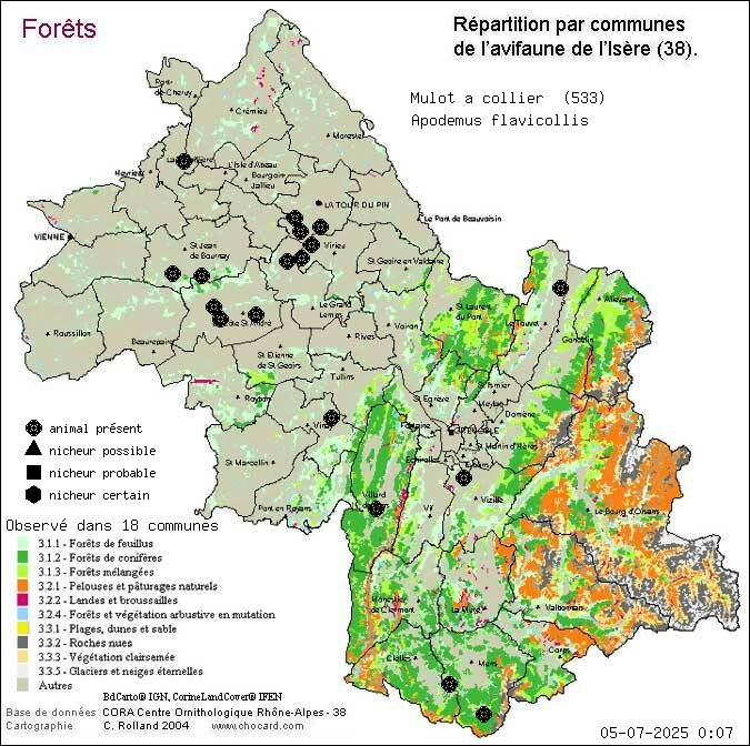 Carte de rpartition par communes en Isre d'une espce d'animal: Mulot  collier (Apodemus flavicollis) selon Forts