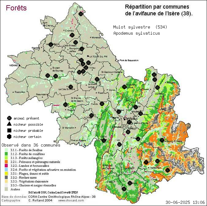 Carte de rpartition par communes en Isre d'une espce d'animal: Mulot sylvestre (Apodemus sylvaticus) selon Forts
