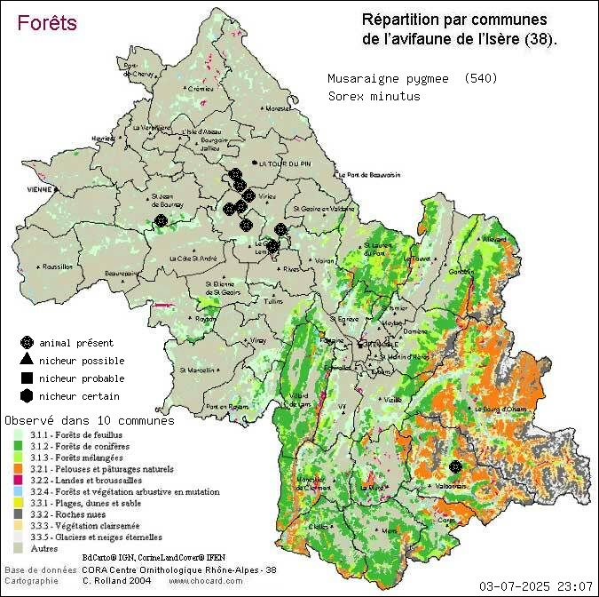 Carte de rpartition par communes en Isre d'une espce d'animal: Musaraigne pygme (Sorex minutus) selon Forts