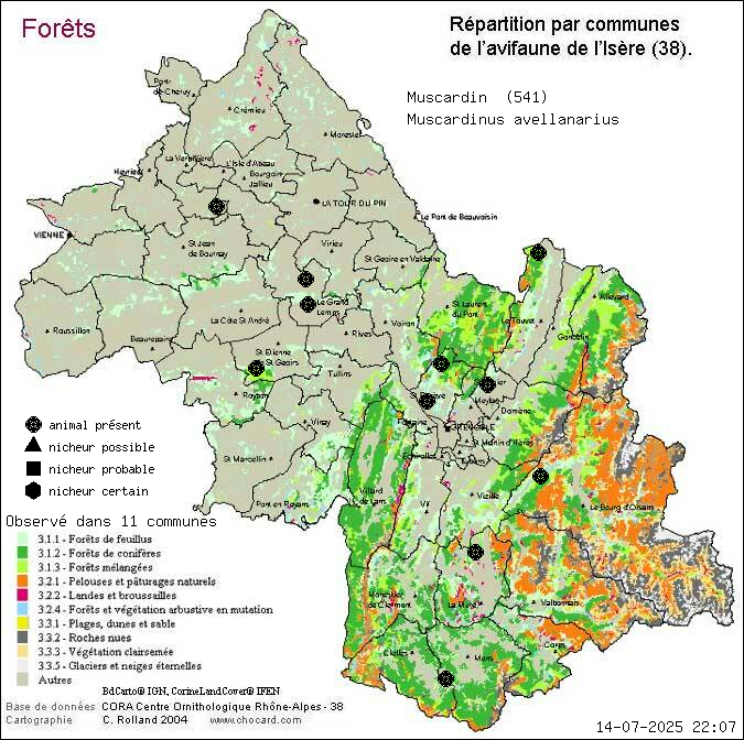 Muscardin (Muscardinus avellanarius): carte de rpartition en Isre