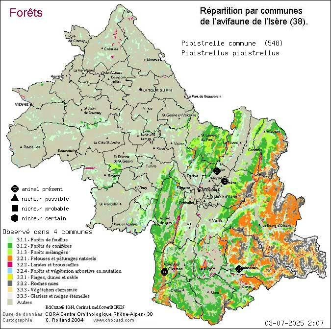 Carte de rpartition par communes en Isre d'une espce d'animal: Pipistrelle commune (Pipistrellus pipistrellus) selon Forts