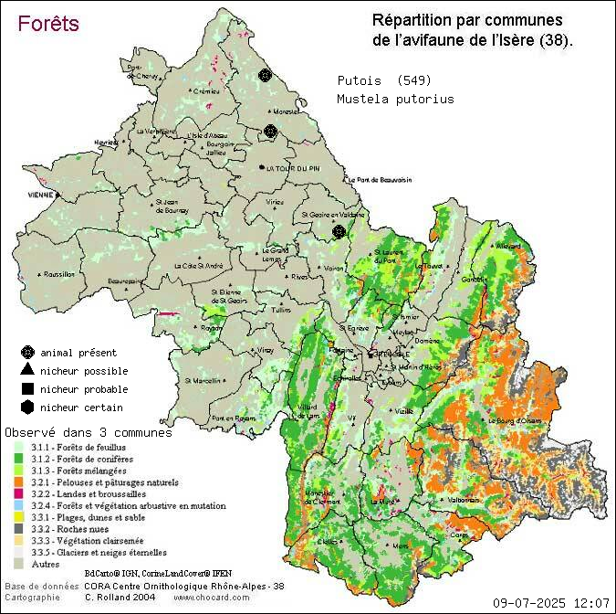 Carte de rpartition par communes en Isre d'une espce d'animal: Putois (Mustela putorius) selon Forts