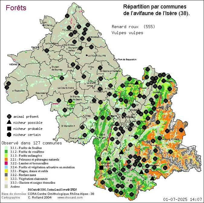 Carte de rpartition par communes en Isre d'une espce d'animal: Renard roux (Vulpes vulpes) selon Forts