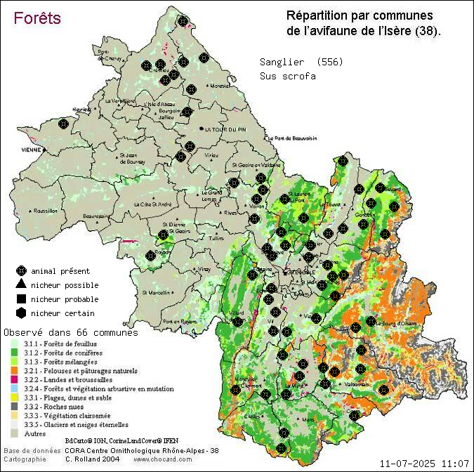 Carte de rpartition par communes en Isre d'une espce d'animal: Sanglier (Sus scrofa) selon Forts