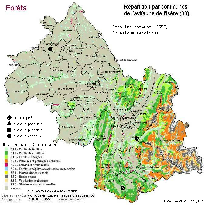 Srotine commune (Eptesicus serotinus): carte de rpartition en Isre