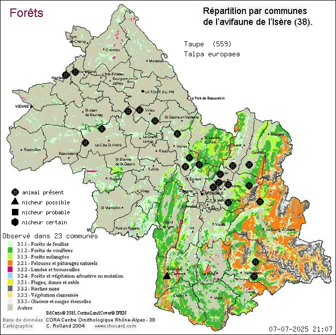 Carte de rpartition par communes en Isre d'une espce d'animal: Taupe (Talpa europaea) selon Forts