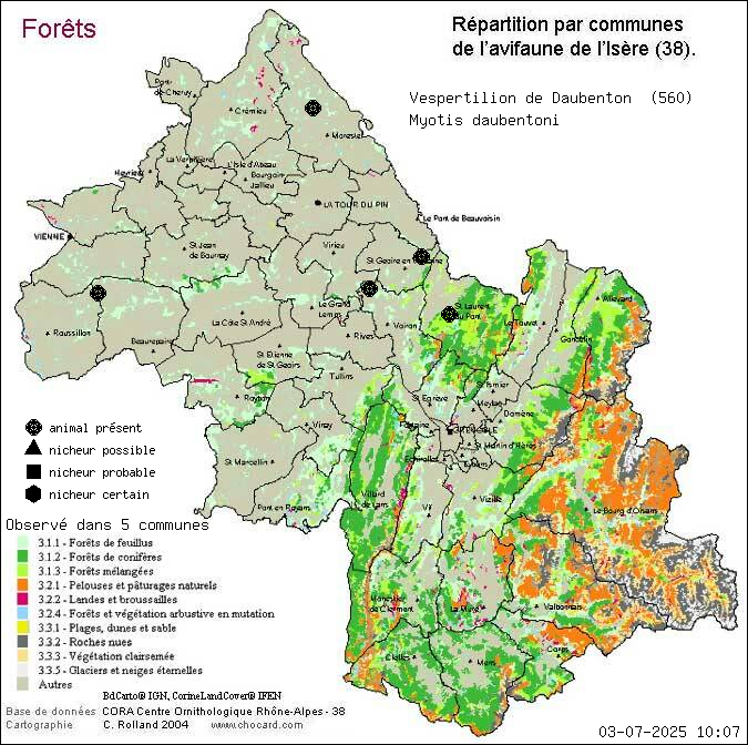 Carte de rpartition par communes en Isre d'une espce d'animal: Vespertilion de Daubenton (Myotis daubentoni) selon Forts