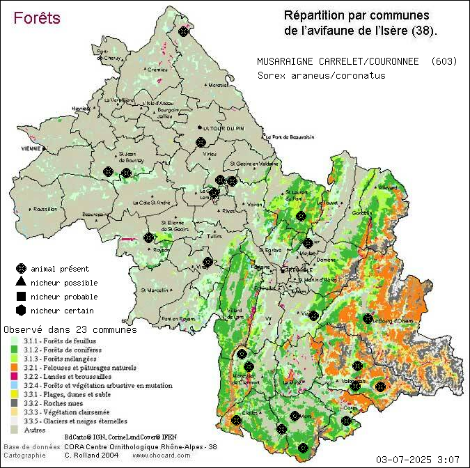Carte de rpartition par communes en Isre d'une espce d'animal: MUSARAIGNE CARRELET/COURONNEE (Sorex araneus/coronatus) selon Forts