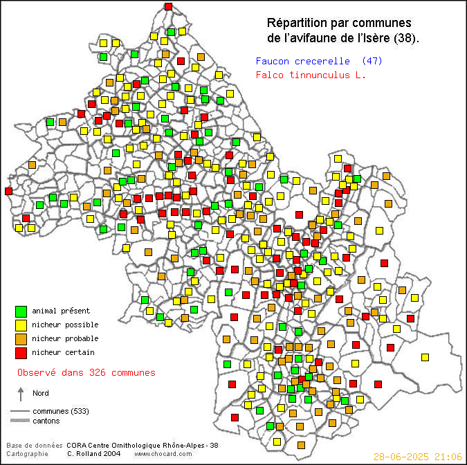 Faucon crcerelle (Falco tinnunculus L.): carte de rpartition en Isre