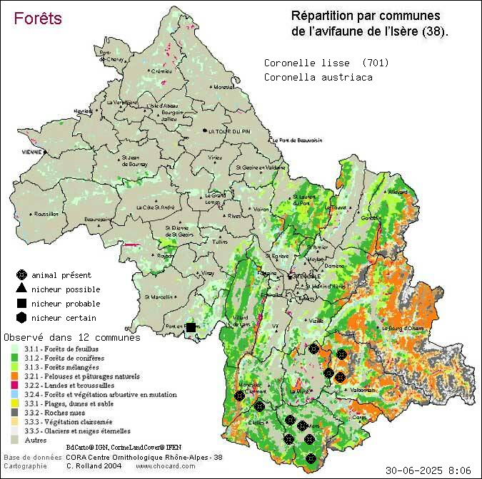 Carte de rpartition par communes en Isre d'une espce d'animal: Coronelle lisse (Coronella austriaca) selon Forts