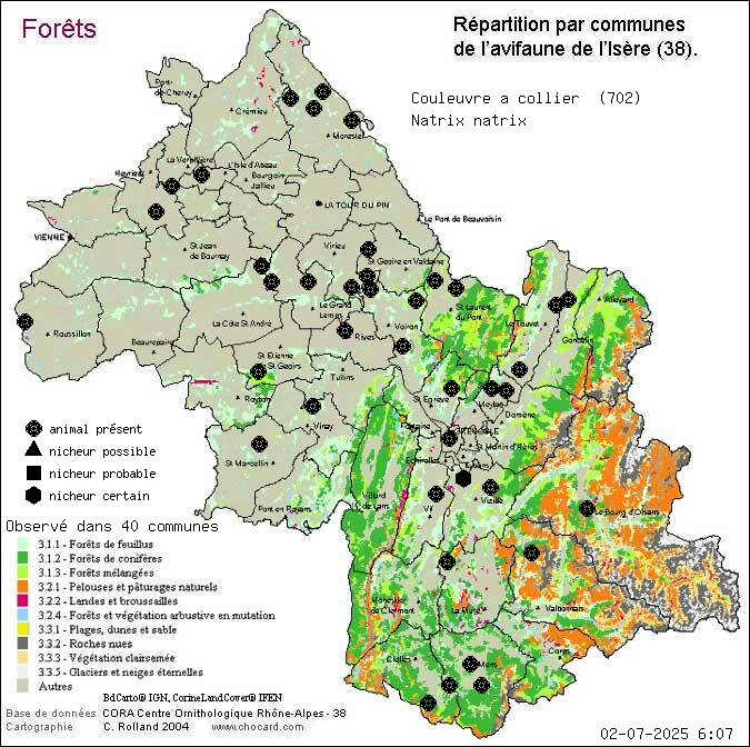 Carte de rpartition par communes en Isre d'une espce d'animal: Couleuvre  collier (Natrix natrix) selon Forts