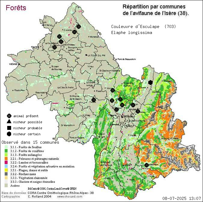 Carte de rpartition par communes en Isre d'une espce d'animal: Couleuvre d Esculape (Elaphe longissima) selon Forts