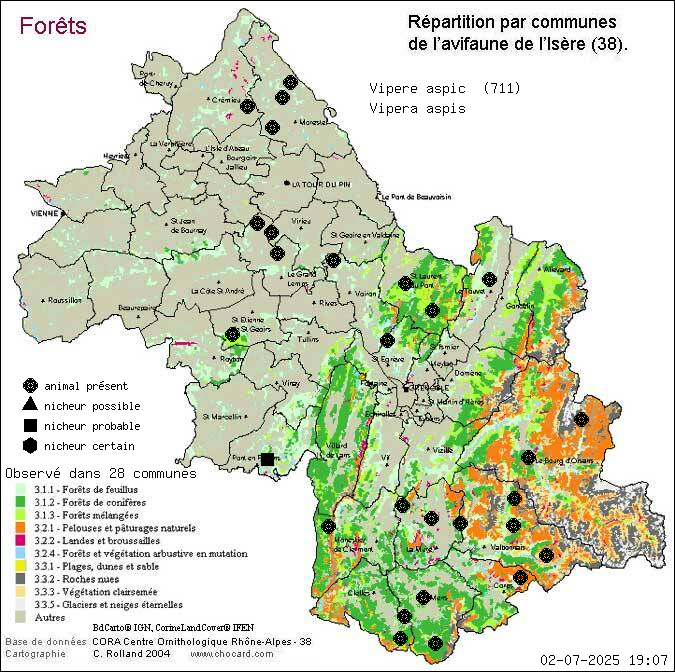Carte de rpartition par communes en Isre d'une espce d'animal: Vipre aspic (Vipera aspis) selon Forts