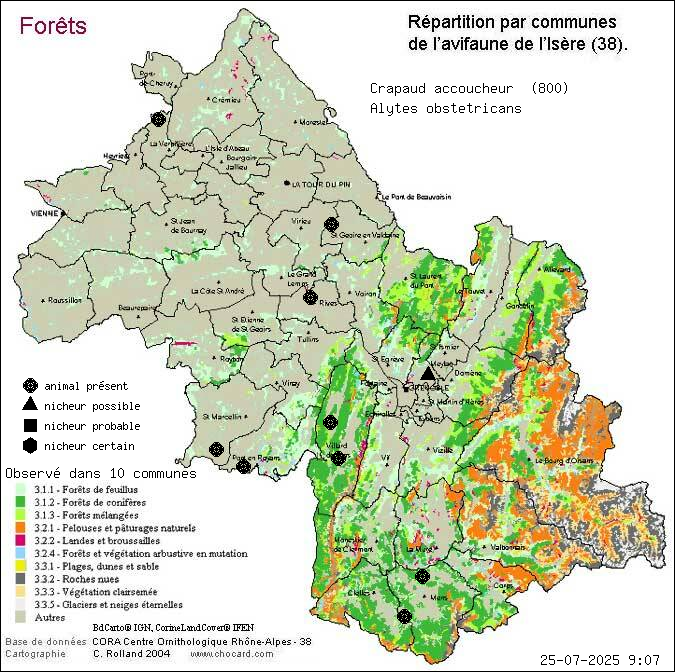 Crapaud accoucheur (Alytes obstetricans): carte de rpartition en Isre
