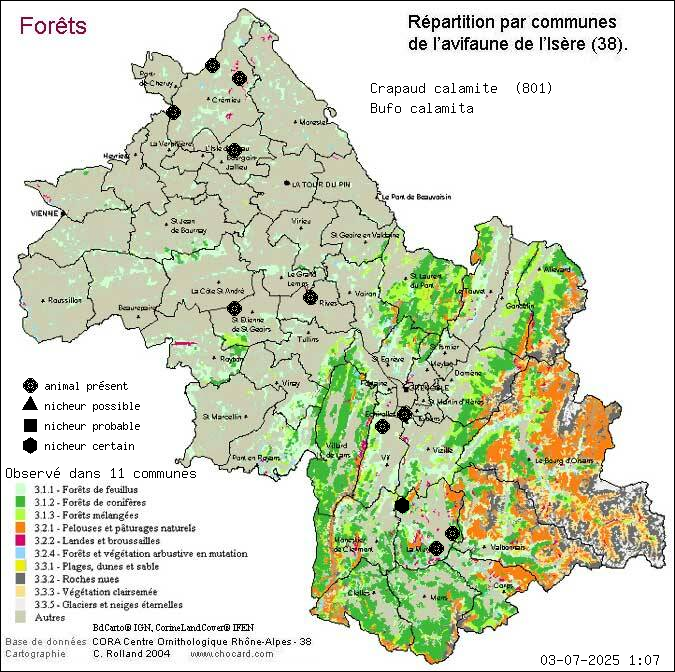 Carte de rpartition par communes en Isre d'une espce d'animal: Crapaud calamite (Bufo calamita) selon Forts