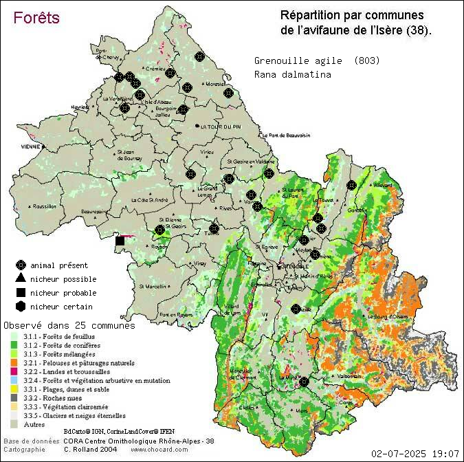 Carte de rpartition par communes en Isre d'une espce d'animal: Grenouille agile (Rana dalmatina) selon Forts