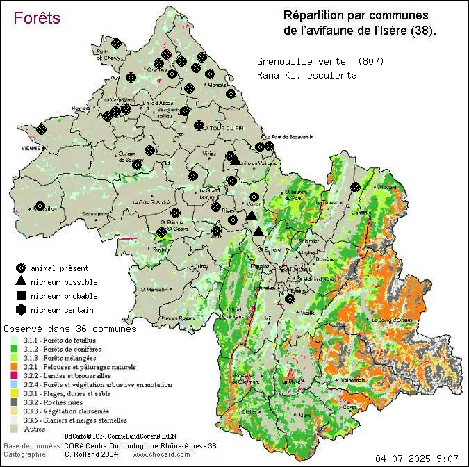 Carte de rpartition par communes en Isre d'une espce d'animal: Grenouille verte (Rana Kl. esculenta) selon Forts