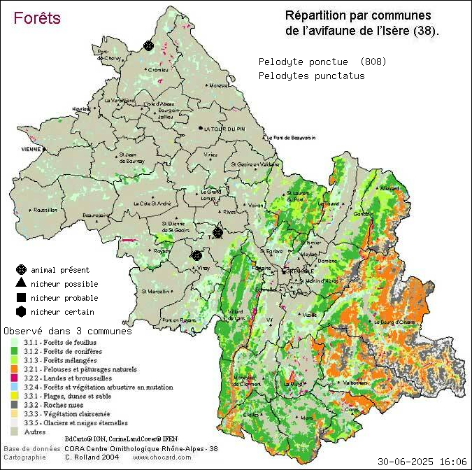 Carte de rpartition par communes en Isre d'une espce d'animal: Plodyte ponctu (Pelodytes punctatus) selon Forts