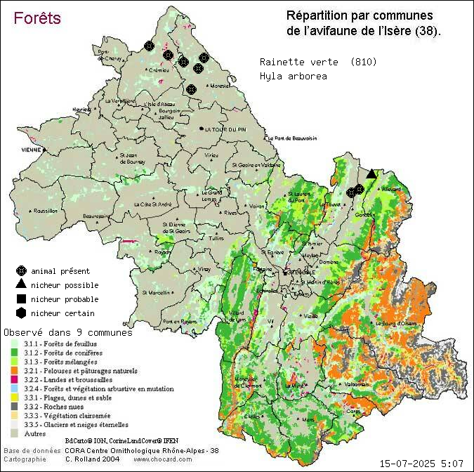 Carte de rpartition par communes en Isre d'une espce d'animal: Rainette verte (Hyla arborea) selon Forts