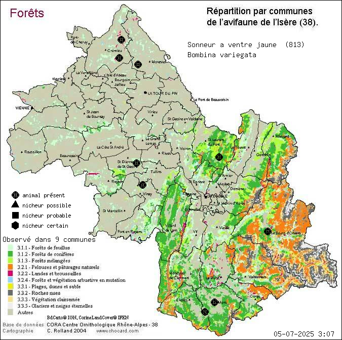 Carte de rpartition par communes en Isre d'une espce d'animal: Sonneur  ventre jaune (Bombina variegata) selon Forts