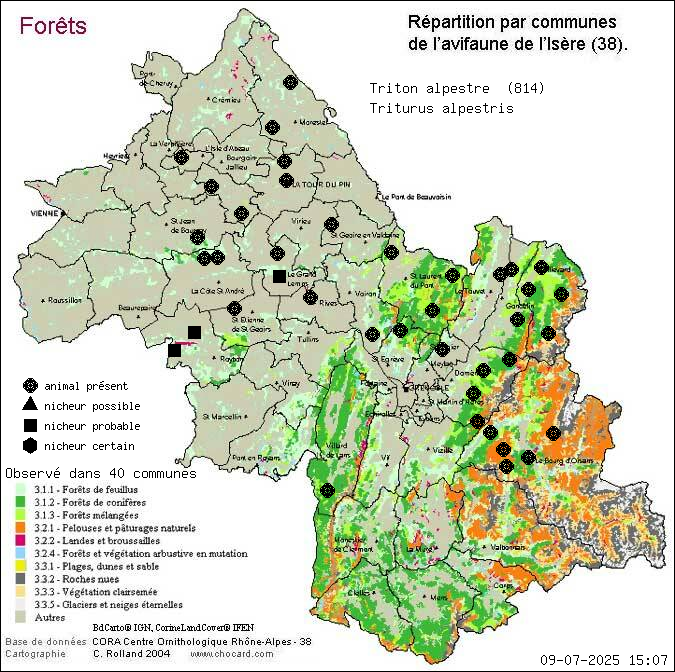 Triton alpestre (Triturus alpestris): carte de rpartition en Isre