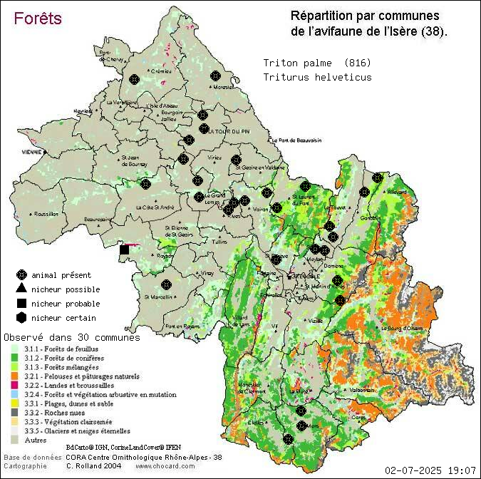 Carte de rpartition par communes en Isre d'une espce d'animal: Triton palm (Triturus helveticus) selon Forts