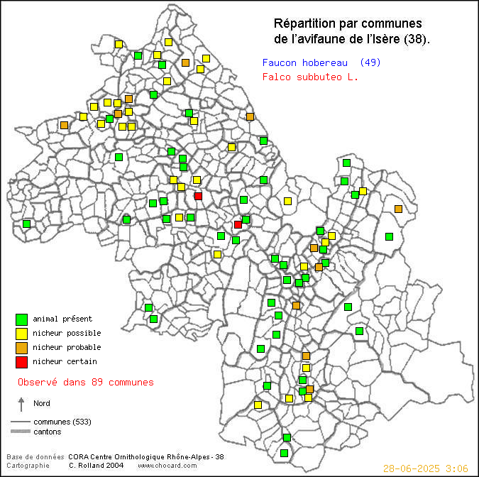 Faucon hobereau (Falco subbuteo L.): carte de rpartition en Isre