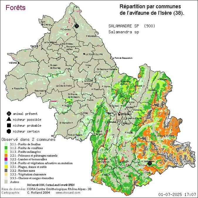 Carte de rpartition par communes en Isre d'une espce d'animal: SALAMANDRE SP (Salamandra sp) selon Forts