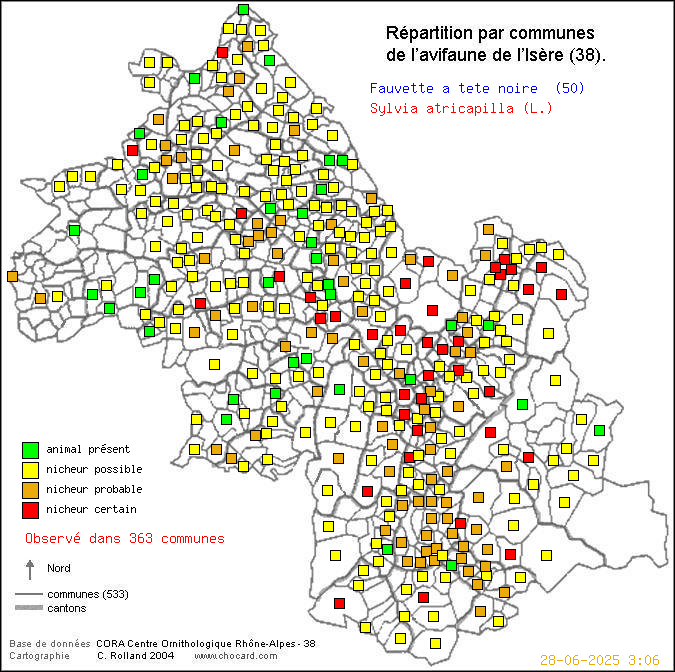 Fauvette  tte noire (Sylvia atricapilla (L.)): carte de rpartition en Isre