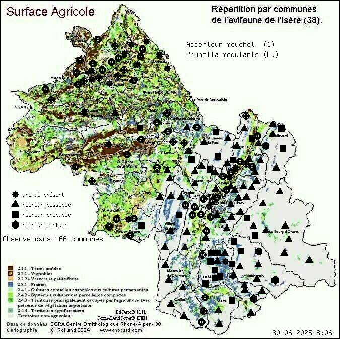 Carte de rpartition par communes en Isre d'une espce d'animal: Accenteur mouchet (Prunella modularis (L.)) selon Agriculture