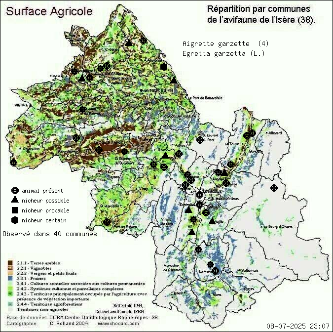 Carte de rpartition par communes en Isre d'une espce d'animal: Aigrette garzette (Egretta garzetta (L.)) selon Agriculture