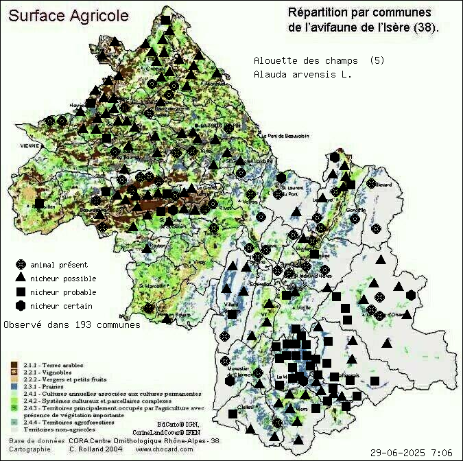 Alouette des champs (Alauda arvensis L.): carte de rpartition en Isre