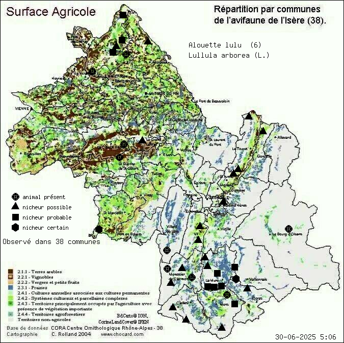 Alouette lulu (Lullula arborea (L.)): carte de rpartition en Isre