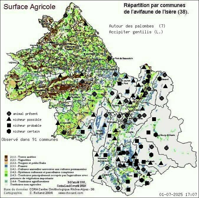 Carte de rpartition par communes en Isre d'une espce d'animal: Autour des palombes (Accipiter gentilis (L.)) selon Agriculture