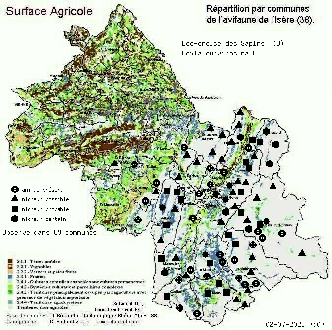 Carte de rpartition par communes en Isre d'une espce d'animal: Bec-crois des Sapins (Loxia curvirostra L.) selon Agriculture