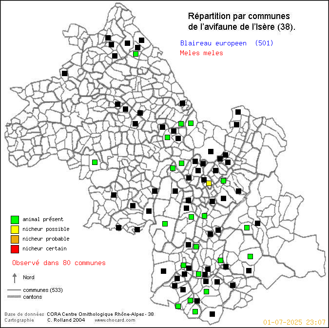 Carte de rpartition par communes en Isre d'une espce d'animal: Blaireau europen (Meles meles) selon Communes et cantons