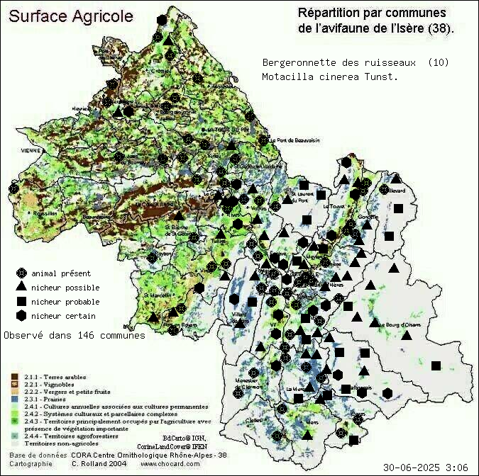 Bergeronnette des ruisseaux (Motacilla cinerea Tunst.): carte de rpartition en Isre