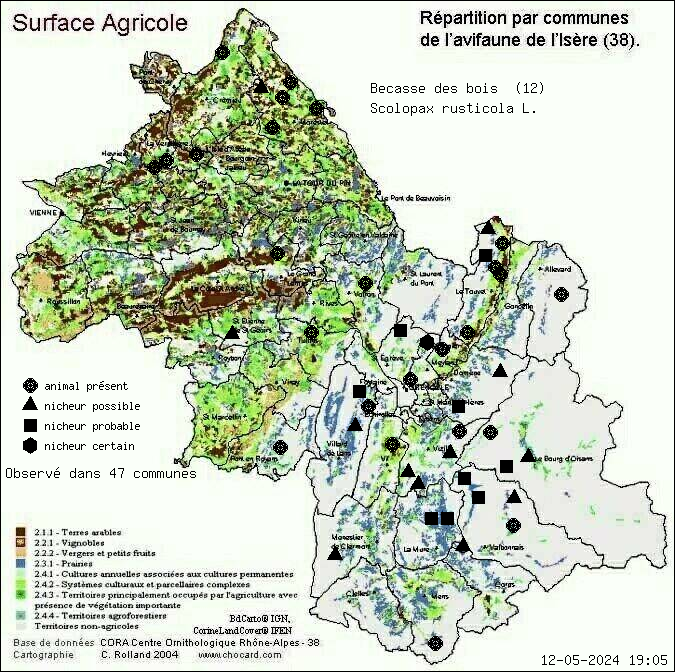 Carte de rpartition par communes en Isre d'une espce d'animal: Bcasse des bois (Scolopax rusticola L.) selon Agriculture