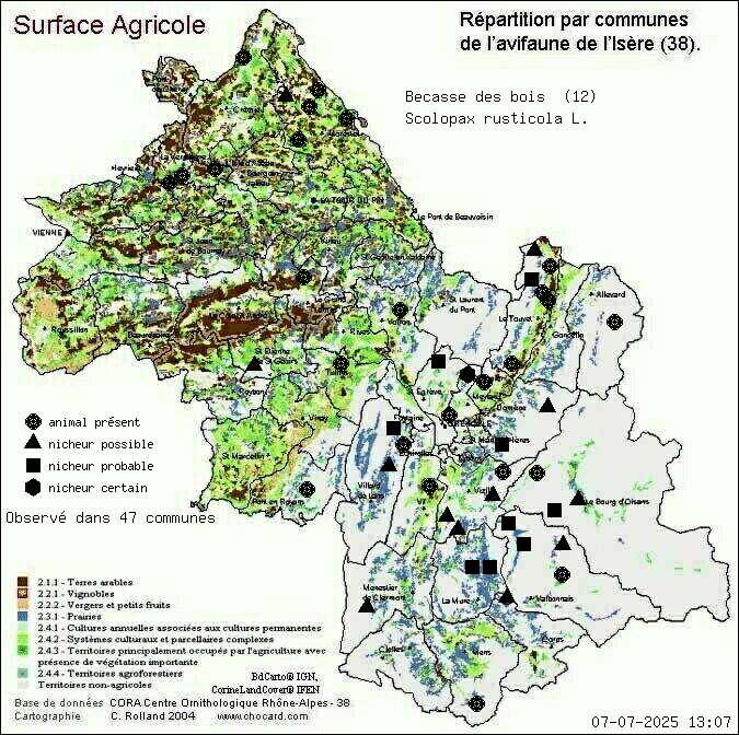 Bcasse des bois (Scolopax rusticola L.): carte de rpartition en Isre