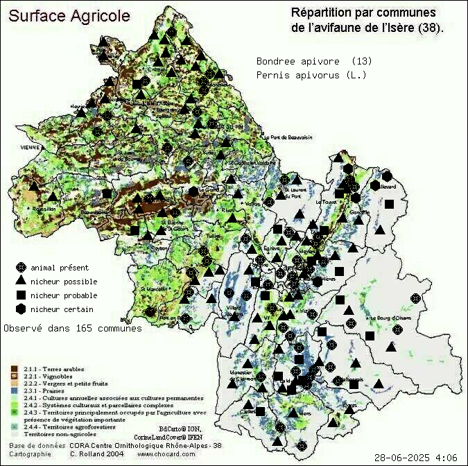 Bondre apivore (Pernis apivorus (L.)): carte de rpartition en Isre