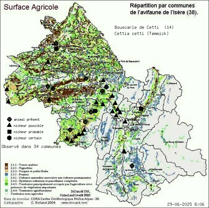 Bouscarle de Cetti (Cettia cetti (Temmick)): carte de rpartition en Isre