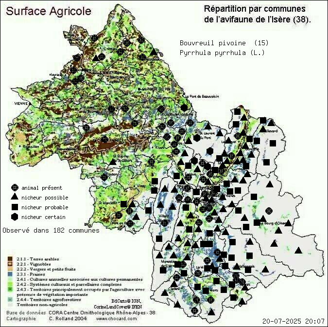 Bouvreuil pivoine (Pyrrhula pyrrhula (L.)): carte de rpartition en Isre