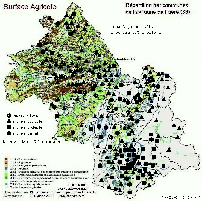 Bruant jaune (Emberiza citrinella L.): carte de rpartition en Isre