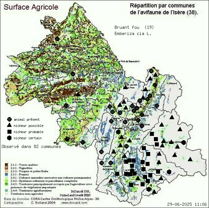 Bruant fou (Emberiza cia L.): carte de rpartition en Isre